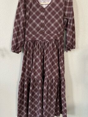 Plaid Midi Dress with Tiered Skirt - Burgundy